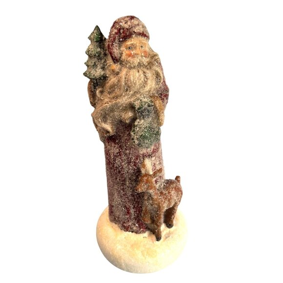 Unbranded Other - Vintage Santa Claus Figurine With Tree & Reindeer Glitter Finish 13" Tall Holida